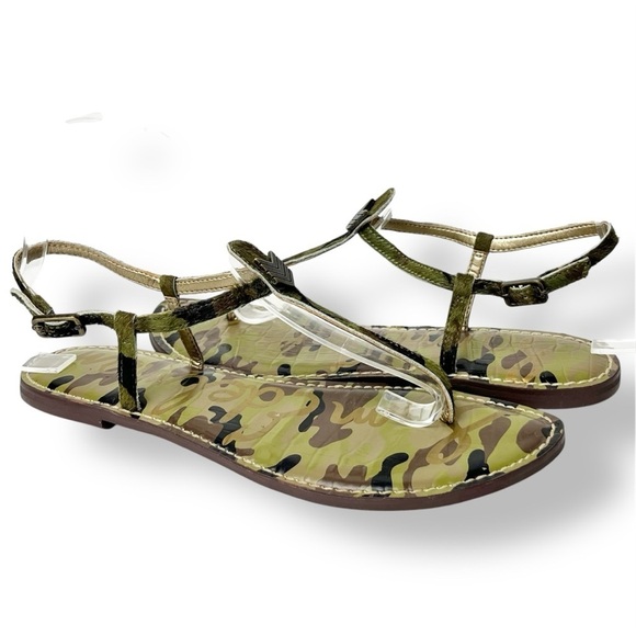 Sam Edelman Gigi Thong Sandals 8.5 leather camo camouflage green strappy flat - Picture 1 of 11